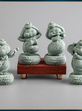 青砂石唐仕女鼓上乐舞家居装饰小摆件 中式国潮创意桌面茶宠