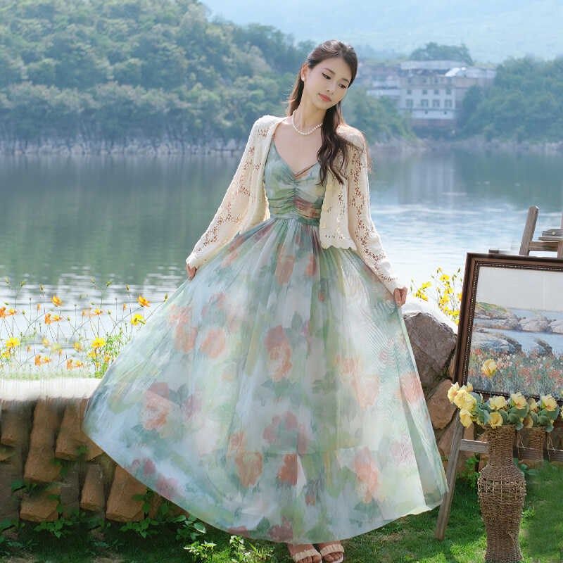 法式复古收腰显瘦绝美油画长裙海边度假沙滩裙大裙摆吊带连衣裙女,女装/女士精品,连衣裙,淘宝优惠券,粉丝福利购,淘宝优惠卷