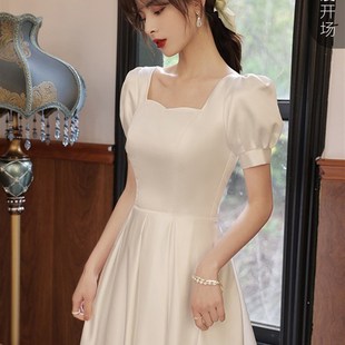 胖mm大码法式缎面高定小白裙方领礼服领证登记订婚连衣裙平时可穿