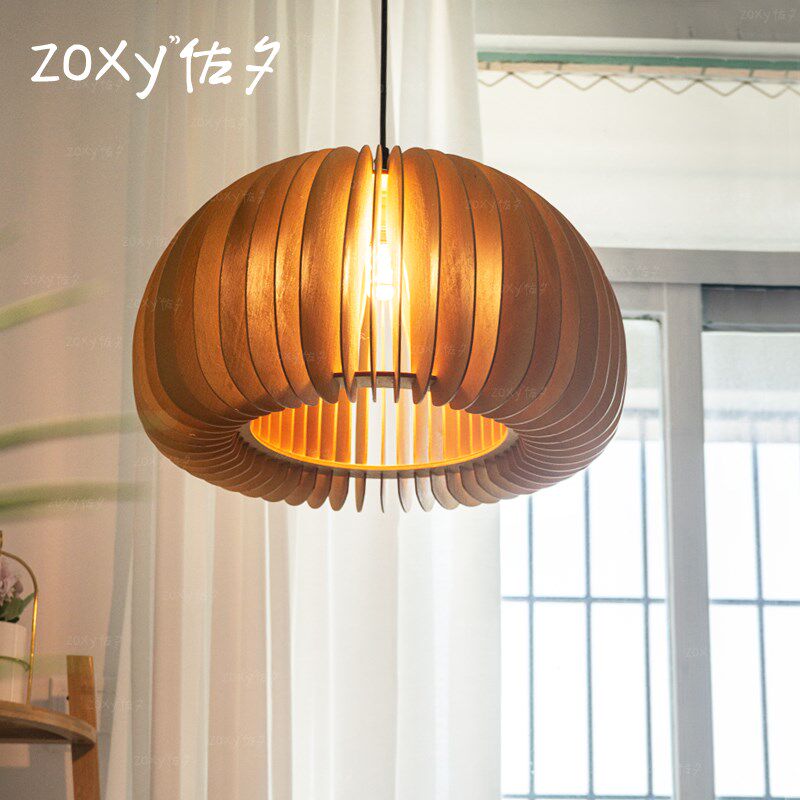 zoxy日式 Vintage南瓜木艺吊灯设计师北欧餐厅卧室复古客厅实木灯
