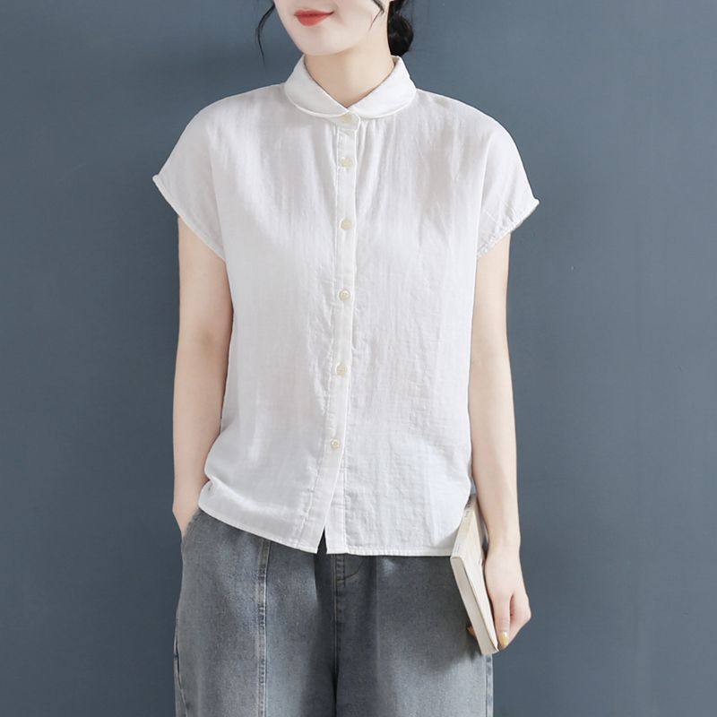 2021复古夏装新百搭宽松舒适简约娃娃领无袖双层棉纱衬衫女上衣,女装/女士精品,衬衫,淘宝优惠券,粉丝福利购,淘宝优惠卷