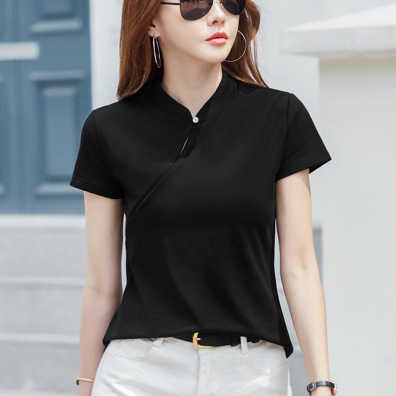 新中式盘扣立领短袖t恤女2025夏季新款复古旗袍式纯棉小衫上衣女