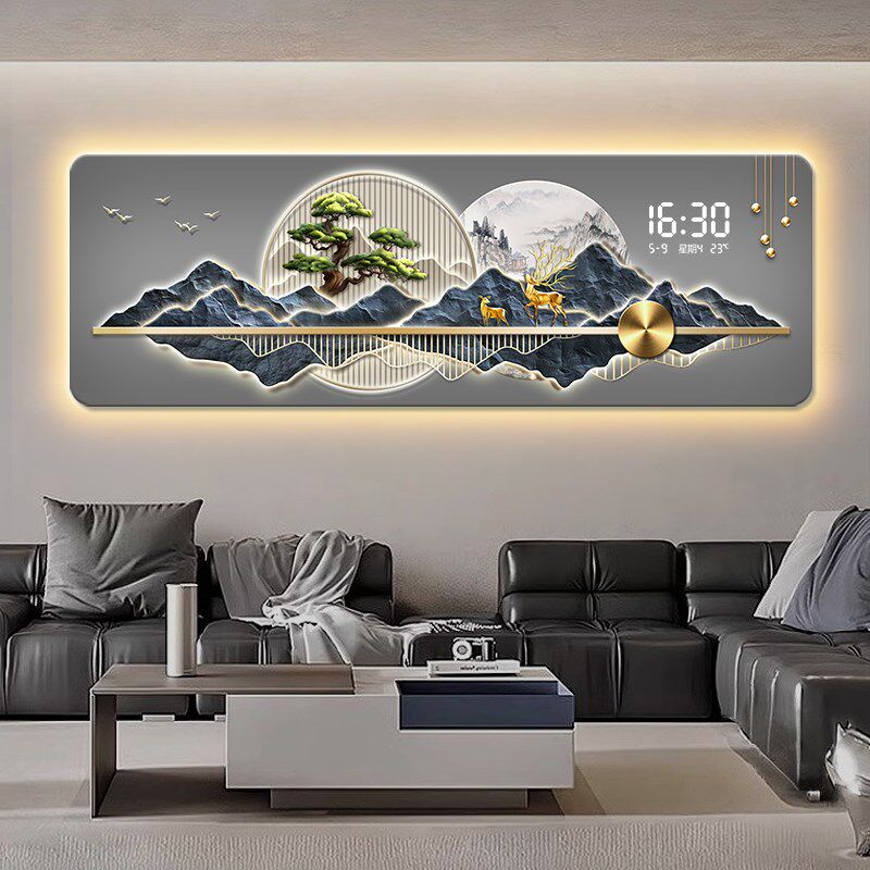 背靠金山客厅装饰画轻奢高级感沙发背景墙挂画电子时钟发光壁灯画