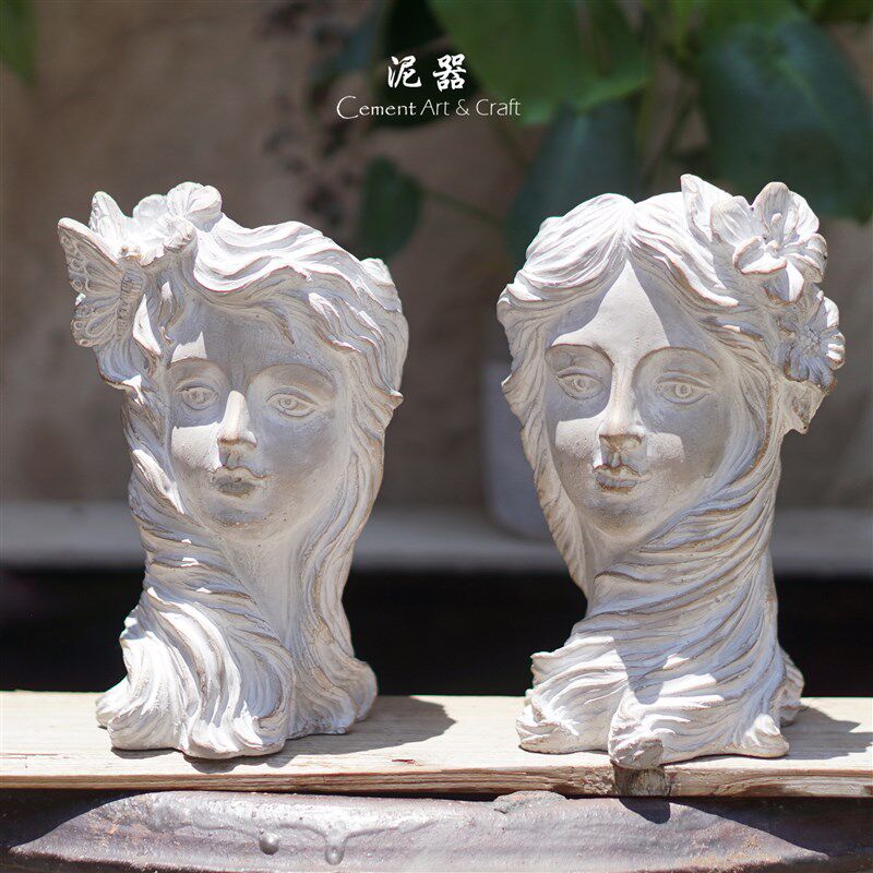 泥器创意特色文艺北欧人物雕像女孩水泥花盆插花摆件装饰多肉绿植