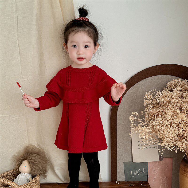 女童公主连衣裙纯棉毛线公主裙女宝宝针织裙子周岁红色生日裙套装