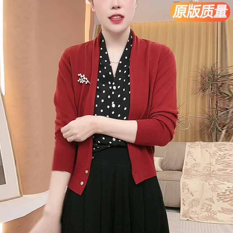 红色针织开衫拼接波点雪纺衬衫女长袖秋冬新款气质妈妈假两件上衣