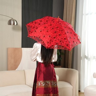 高级红伞结婚新娘陪嫁接亲婚庆出门婚礼古风蕾丝长柄中式红色雨伞