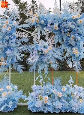 蓝色婚庆地排花仿l真花婚礼布置挂花路引花点花背景舞台迎宾装饰