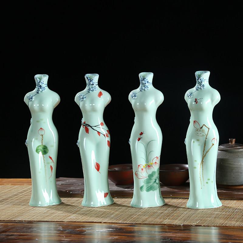 手绘陶瓷旗袍花插小花瓶中国风花插摆件花瓶桌面家居饰品摆件