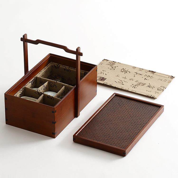 采购产品竹篮，竹制便携式旅行茶具收纳盒，覆古户外茶盘，中秋旅