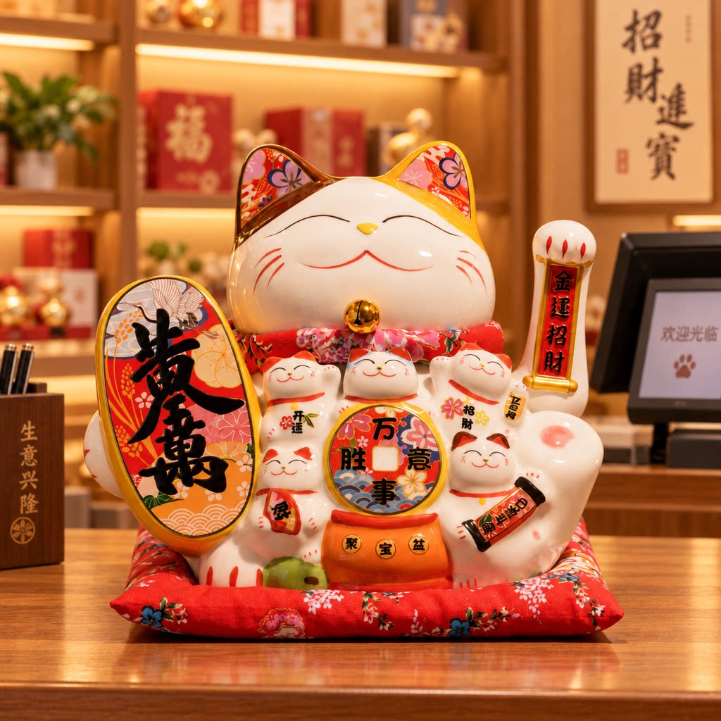 插花款招财猫摆件自动摇手家用旺宅乔迁酒柜玄关装饰店铺开业礼物