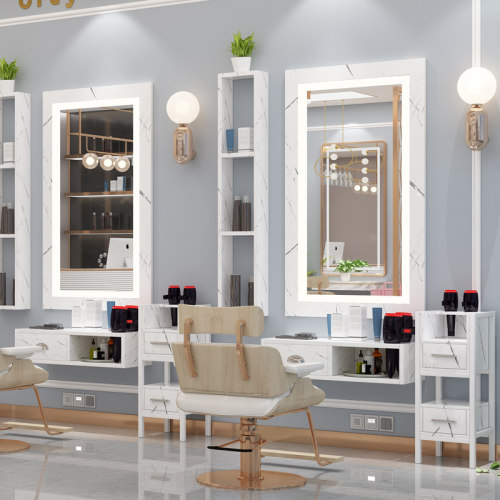 理发镜台挂墙实木发廊柜子一体美发店单面剪发镜加LED灯大理石台