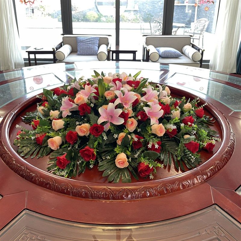 餐桌假花大圆桌中间装饰花摆件人造花圆形转盘绢花酒店餐厅桌面花