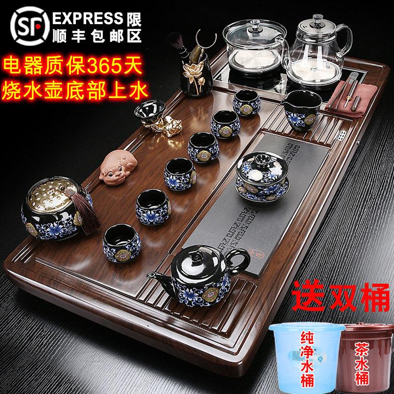 实木大茶盘茶具套装家用加大号玻璃烧水壶一体茶台全自动底部上水