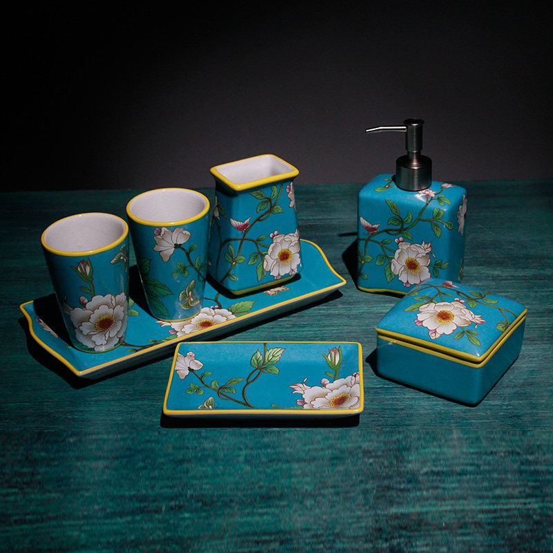 漱口杯高档卫浴七件套中式浴室用品套件洗手间陶瓷牙刷杯洗漱套装