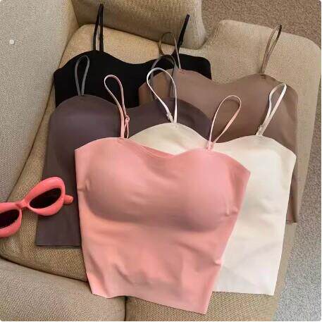 自留款推荐~纯欲辣妹有胸垫细肩带无痕吊带女夏冰丝瑜伽短款背心