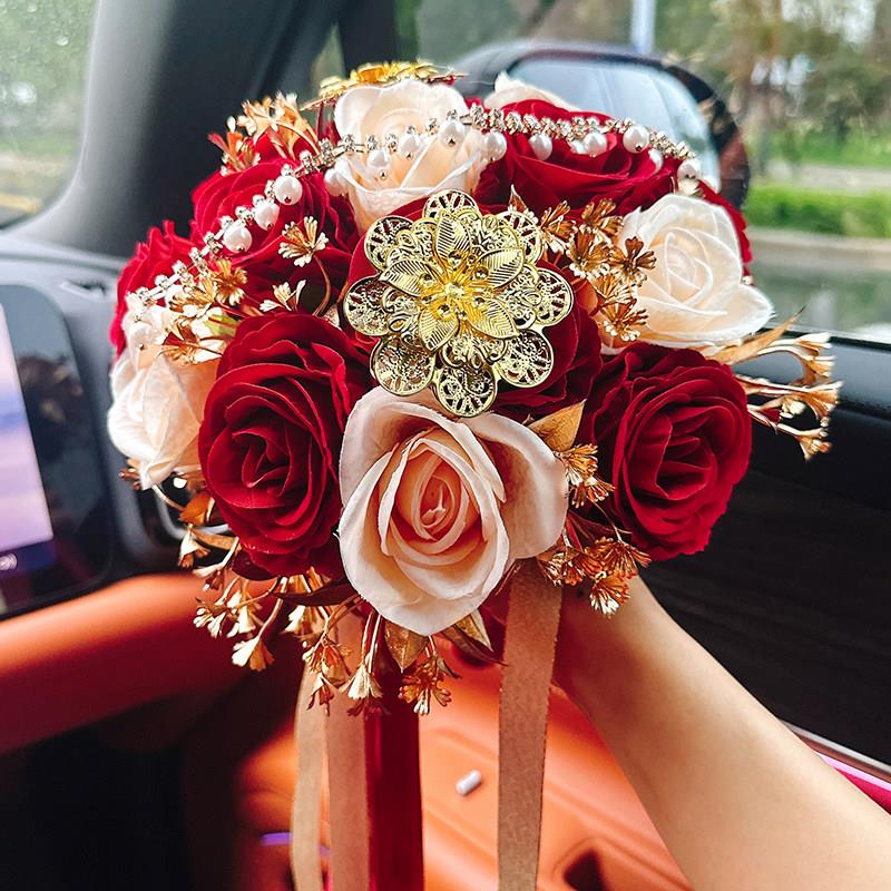 中式金色手捧花彷真花新娘手捧玫瑰花假花婚礼接亲中国风秀禾搭配