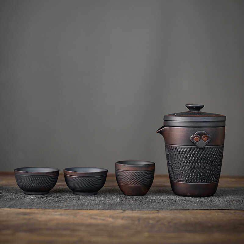 紫陶旅行茶具套装便携式户外一壶四杯泡茶器紫砂车载手抓茶壶茶杯