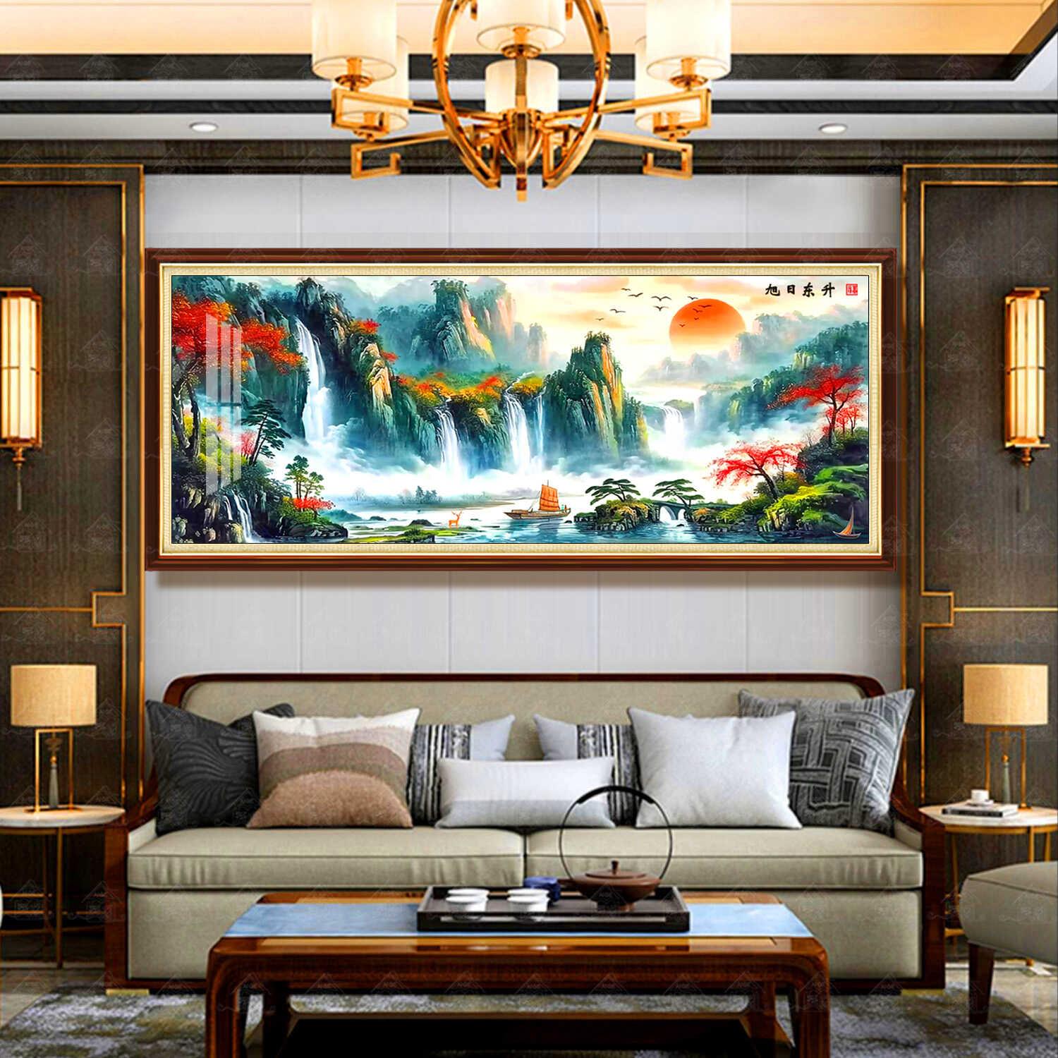 爱阁十字绣旭日东升鸿运当头升级版新中式风景山水装饰画手工线绣