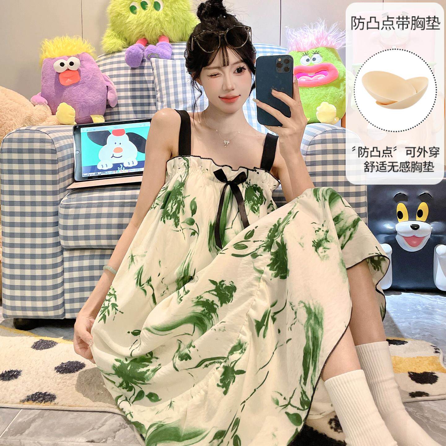 吊带睡裙长版女夏季薄款甜美新中式睡衣女夏天薄款加大码胖MM宽松