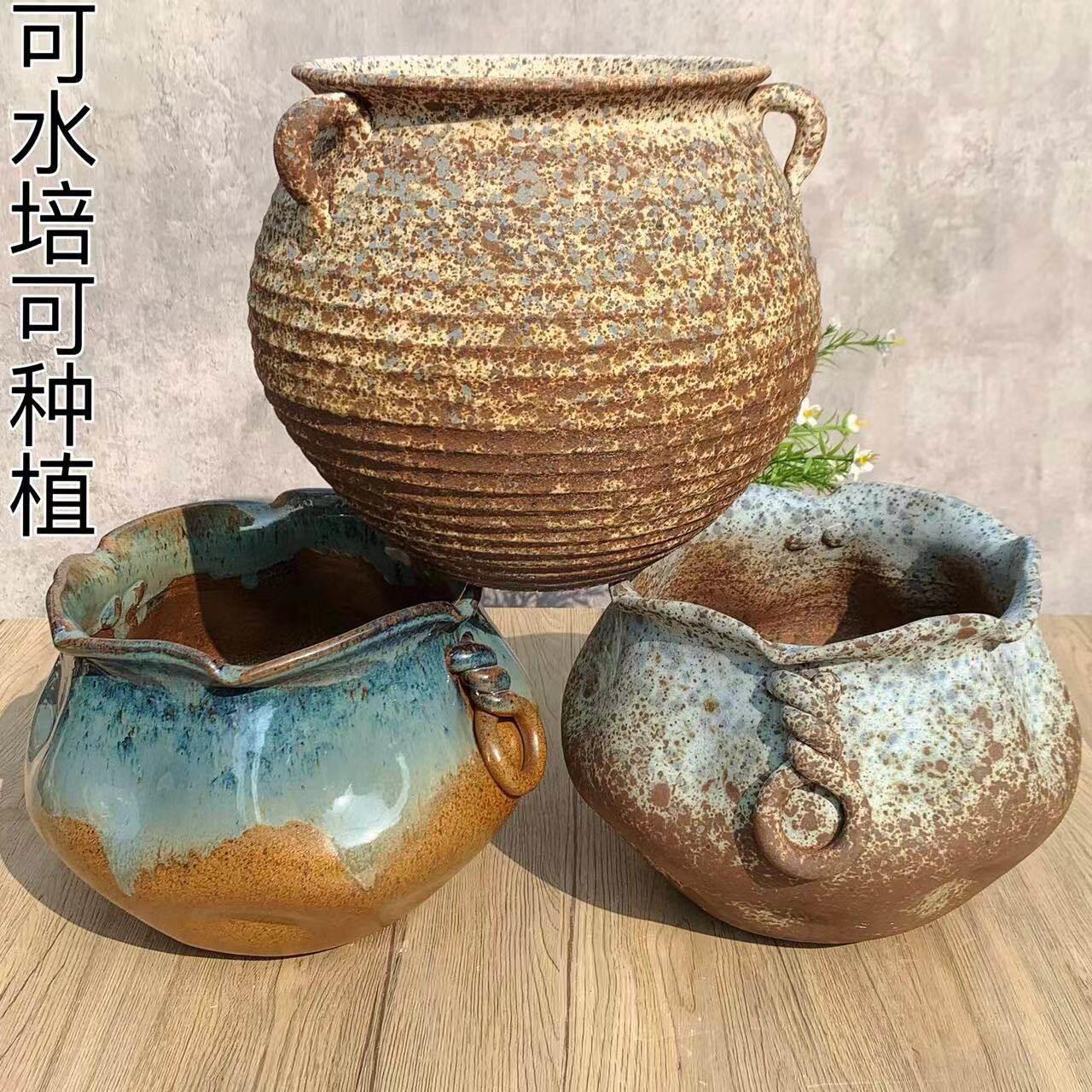 大口径复古花瓶可水培民宿陶罐新中式陶瓷插干花花盆家居摆件粗陶