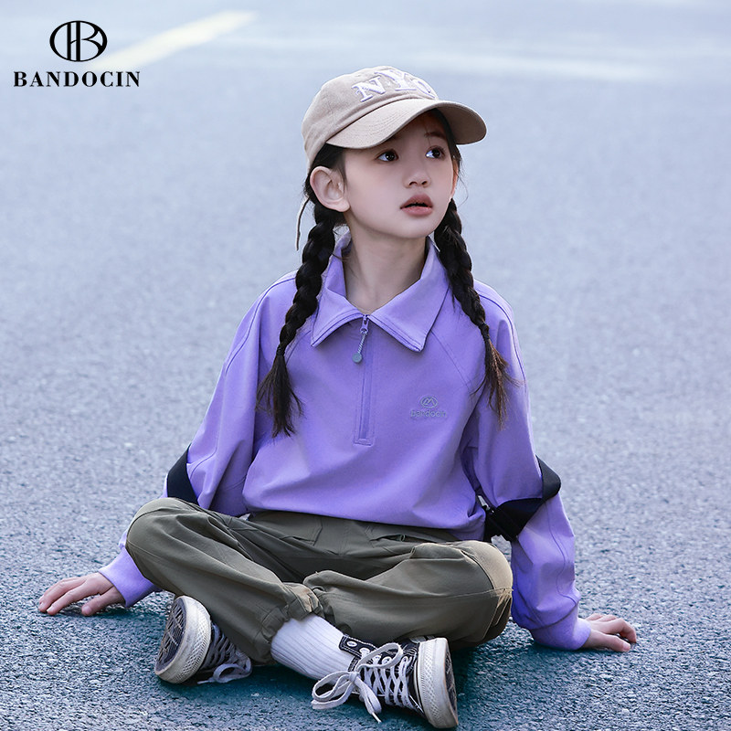 亲子女童春装卫衣翻领打底衫洋气中大童2024新款儿童装春秋款上衣