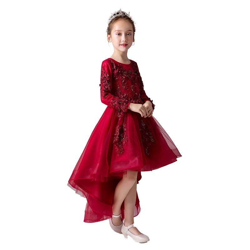 红色公主裙女童蓬蓬纱花童礼服生日小女孩儿童钢琴演出服长袖秋冬