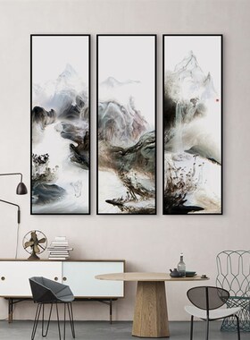 新中式客厅装饰画三联办公室抽象挂画黑白线条云烟玄关壁画帆布条
