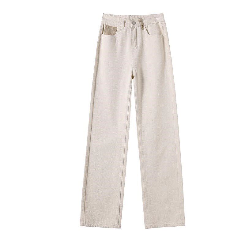 白色牛仔裤女直筒春秋冬季高腰窄版米白色小个子设计感撞色阔腿裤