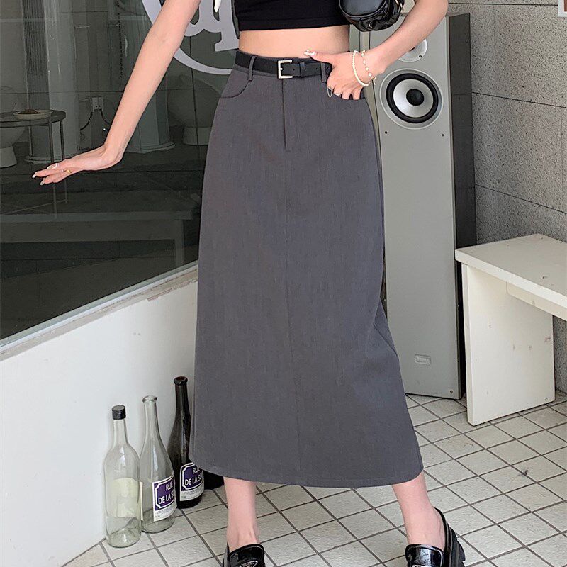 灰色高腰直筒西装裙半身裙大码a字半裙百搭显瘦开叉中长款遮肚裙