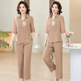 妈妈夏季时尚套装女中老年短袖雪纺T恤上衣2022中年洋气两件套薄