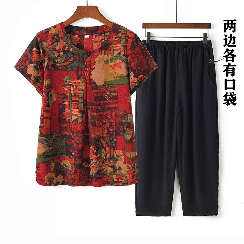 妈妈装2025夏装新款奶奶套装中老年女雪纺上衣中年短袖T恤两件套,女装/女士精品,中老年女装,淘宝优惠券,粉丝福利购,淘宝优惠卷