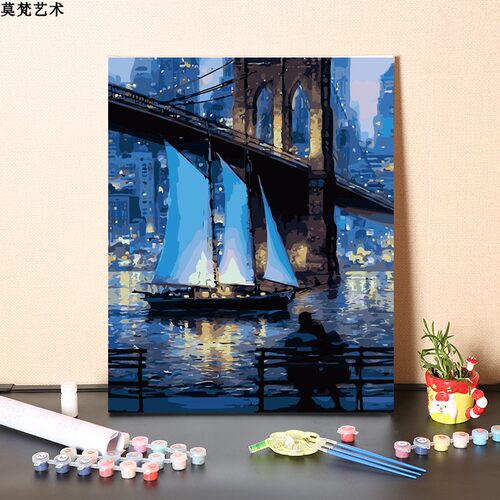 数字油画diy填充手工填色纽约布鲁克林大桥手绘风景油彩丙烯画画