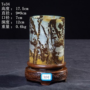 内有多款草花石国画石奇石工艺品黑檀木旋转底座矮圆柱笔筒圆珠笔