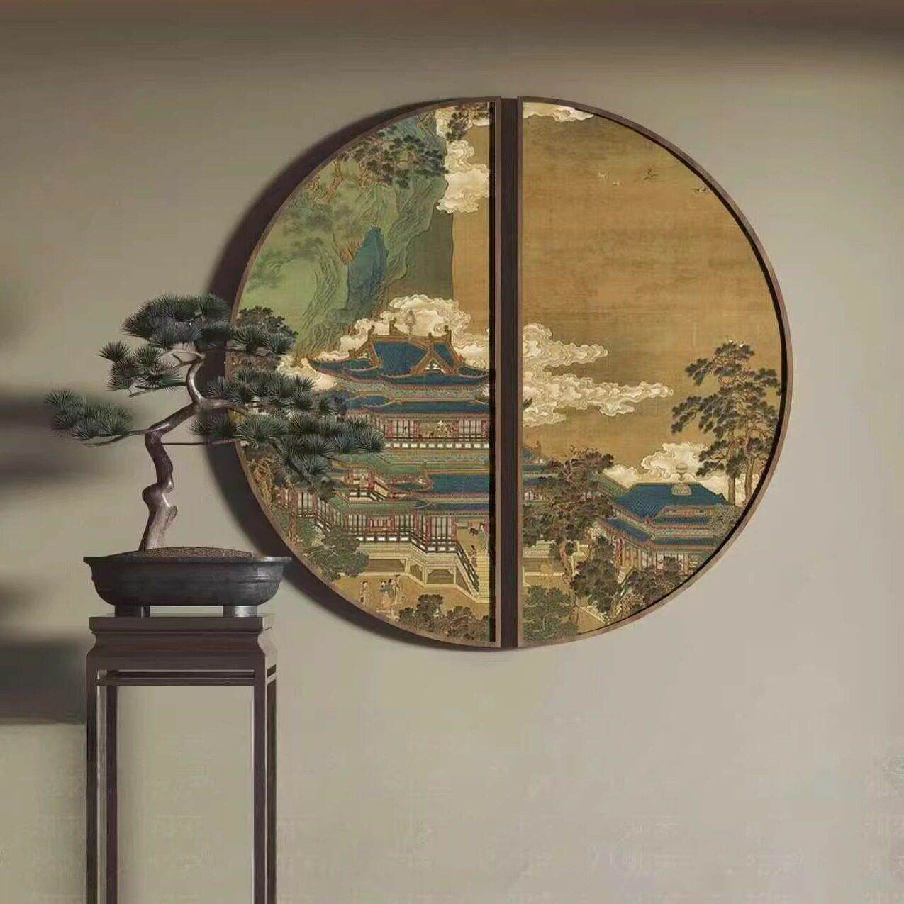 新中式金属装饰画圆形挂画客厅墙面挂件玄关壁饰卧室餐厅山水墙饰