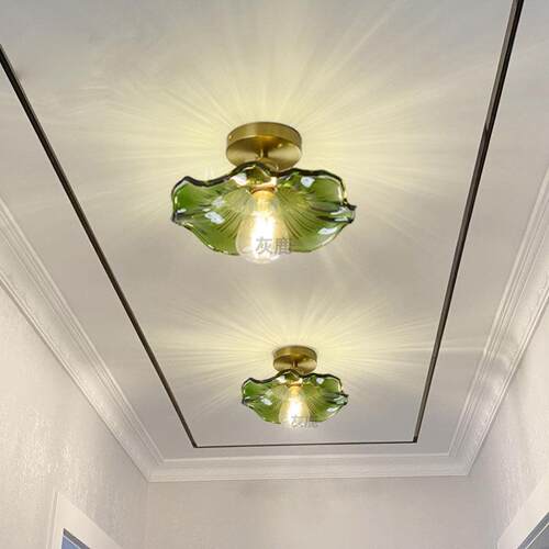 北欧复古黄铜玻璃吸顶灯具 玄关过道暖光荷叶造型灯 北欧简约LED