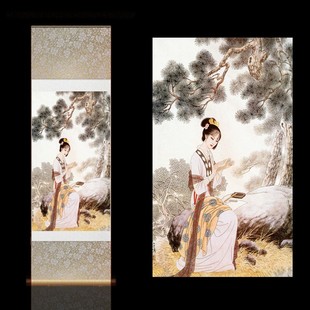 秋日松荫仕女读书图茶楼酒店装饰画琴房挂画装饰画办公室丝绸卷轴