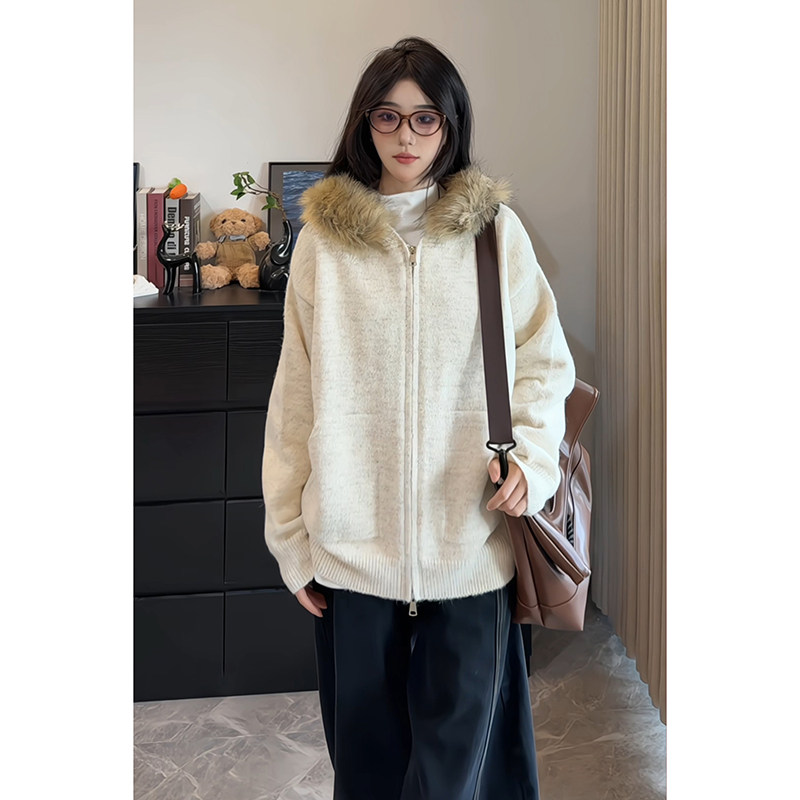 2026春男女同款慵懒风可拆毛领连帽开衫毛衣女宽松针织外套高级感