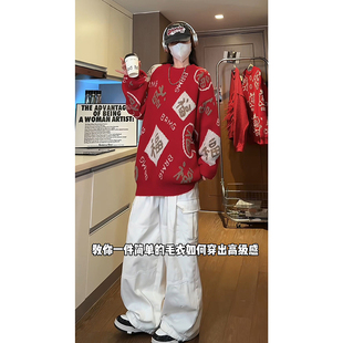 福字过年男女同款圆领多福毛衣新款针织衫男情侣跨年红色毛衣女