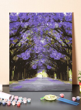 数字油画diy手工浪漫蓝花楹树林小道填充手绘涂色风景画油彩画画