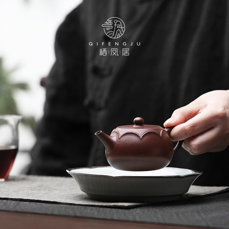 栖凤居紫泥莲瓣紫砂壶泡茶专用带过滤单壶手工刻绘家用紫砂茶具