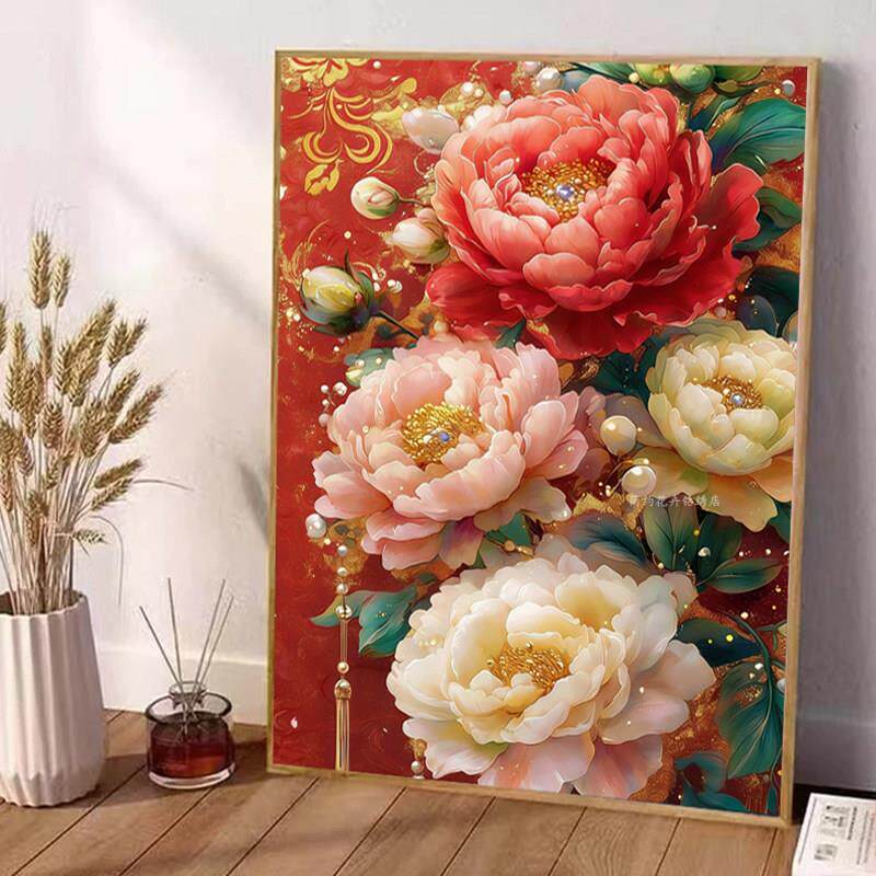 花开富贵牡丹花钻石画满钻贴画2026新款高级玄关客厅点贴钻十字绣