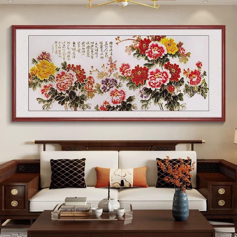 浮雕描开富贵挂画新中式办公室花鸟国画客厅沙发背景墙装饰画
