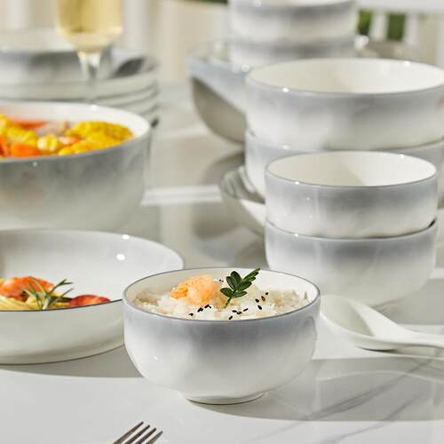 CY圆形家用轻奢陶瓷米饭碗釉下彩石纹盘子简约饭碗家用碗盘碟餐具