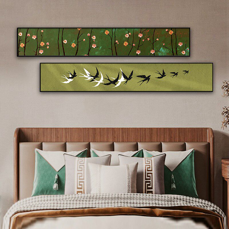 清新卧室装饰画主卧2024床头画新款房间布置温馨风横长条绿色挂画