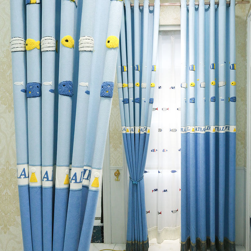 可爱卡通蓝色小鱼棉麻拼接儿童房窗帘男孩房遮光布女孩卧室飘窗纱