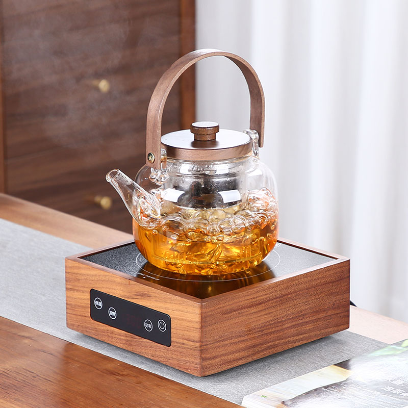 甲馨胡桃木煮茶壶煮茶器新款加厚玻璃耐高温烧水泡茶黑晶炉煮茶炉