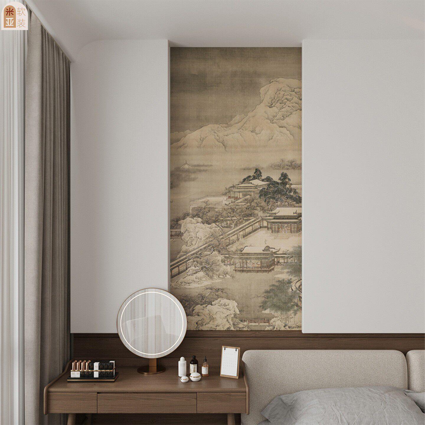 古画山水画玄关墙面装饰贴画茶室中国画背景墙客厅推拉门贴纸定制