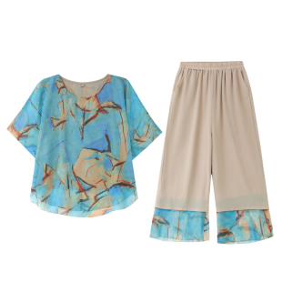 妈妈夏装套装50岁中年女士花色雪纺短袖T恤中老年人阔腿裤两件套