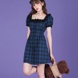 SagiDolls少女斗志 巨显瘦!#夜间浪漫#甜酷蓝绿格方领收腰连衣裙